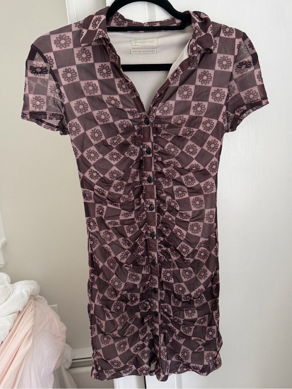 Urban Outfitters Pink Floral Check Ruched Mini Dress